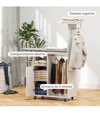 Estación de Planchado con Ruedas Barra para Ropa Tabla de Planchar 127,5x43,5x153 cm Blanco