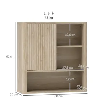 Armario de Baño de Pared con Puerta Corredera 5 Compartimentos y Estantes Ajustables 60x20x62 cm Blanco