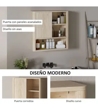 Armario de Baño de Pared con Puerta Corredera 5 Compartimentos y Estantes Ajustables 60x20x62 cm Blanco