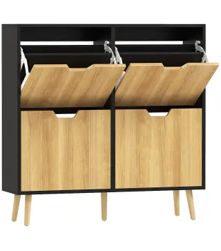 Zapatero Estrecho con 4 Cajones Abatibles y Estantes Ajustables para 16 Pares 95x26x95 cm Natural y Negro