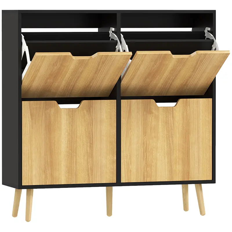 Zapatero Estrecho con 4 Cajones Abatibles y Estantes Ajustables para 16 Pares 95x26x95 cm Natural y Negro Zapatero Estrecho con 4 Cajones Abatibles y Estantes Ajustables para 16 Pares 95x26x95 cm Natural y Negro