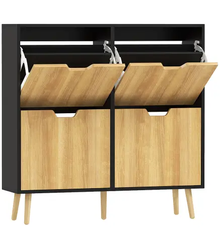 Zapatero Estrecho con 4 Cajones Abatibles y Estantes Ajustables para 16 Pares 95x26x95 cm Natural y Negro