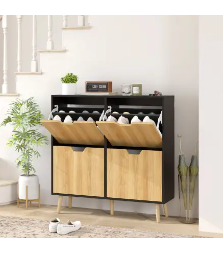 Zapatero Estrecho con 4 Cajones Abatibles y Estantes Ajustables para 16 Pares 95x26x95 cm Natural y Negro