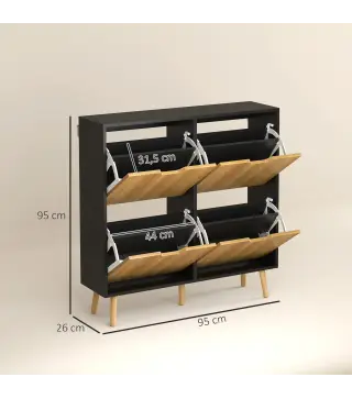 Zapatero Estrecho con 4 Cajones Abatibles y Estantes Ajustables para 16 Pares 95x26x95 cm Natural y Negro