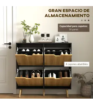 Zapatero Estrecho con 4 Cajones Abatibles y Estantes Ajustables para 16 Pares 95x26x95 cm Natural y Negro
