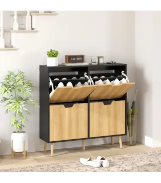 Zapatero Estrecho con 4 Cajones Abatibles y Estantes Ajustables para 16 Pares 95x26x95 cm Natural y Negro