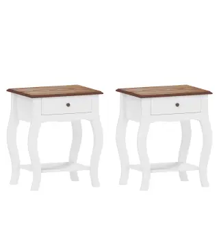 Pack de 2 Mesitas de Noche con Cajón Estante Abierto y Tapa Efecto Roble Estilo Francés 45x35x55 cm Blanco y Roble