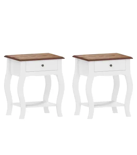 Pack de 2 Mesitas de Noche con Cajón Estante Abierto y Tapa Efecto Roble Estilo Francés 45x35x55 cm Blanco y Roble