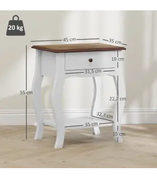 Pack de 2 Mesitas de Noche con Cajón Estante Abierto y Tapa Efecto Roble Estilo Francés 45x35x55 cm Blanco y Roble
