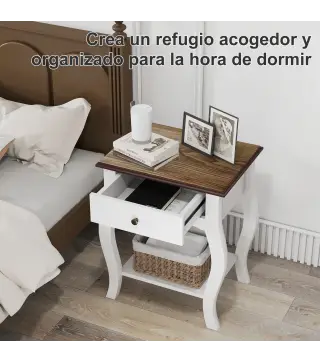 Pack de 2 Mesitas de Noche con Cajón Estante Abierto y Tapa Efecto Roble Estilo Francés 45x35x55 cm Blanco y Roble