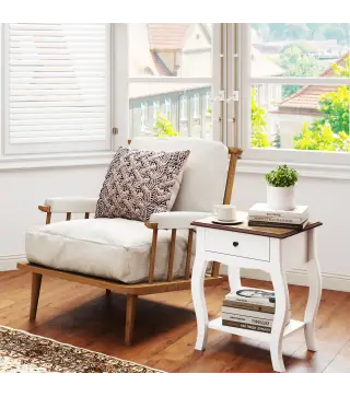 Pack de 2 Mesitas de Noche con Cajón Estante Abierto y Tapa Efecto Roble Estilo Francés 45x35x55 cm Blanco y Roble