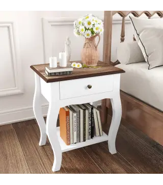 Pack de 2 Mesitas de Noche con Cajón Estante Abierto y Tapa Efecto Roble Estilo Francés 45x35x55 cm Blanco y Roble