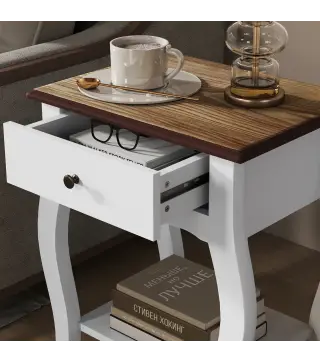 Pack de 2 Mesitas de Noche con Cajón Estante Abierto y Tapa Efecto Roble Estilo Francés 45x35x55 cm Blanco y Roble