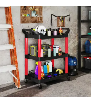 Carro de Herramientas con 3 Estantes Ruedas y Asas para Garaje Mecánico Hogar Carga 91 kg Rojo y Negro