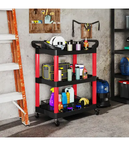 Carro de Herramientas con 3 Estantes Ruedas y Asas para Garaje Mecánico Hogar Carga 91 kg Rojo y Negro