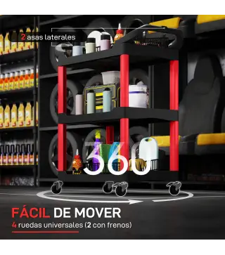 Carro de Herramientas con 3 Estantes Ruedas y Asas para Garaje Mecánico Hogar Carga 91 kg Rojo y Negro