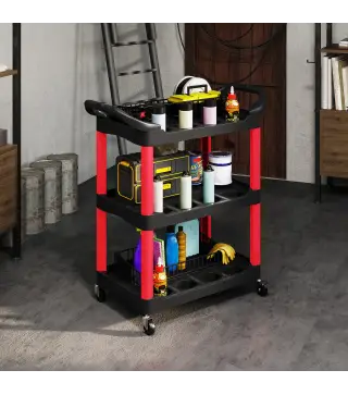 Carro de Herramientas con 3 Estantes Ruedas y Asas para Garaje Mecánico Hogar Carga 91 kg Rojo y Negro