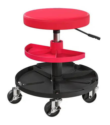 Taburete de Taller Giratorio con Ruedas Altura Ajustable de 40-51 cm y 2 Bandejas Carga 135 kg para Garaje Rojo