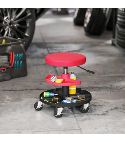 Taburete de Taller Giratorio con Ruedas Altura Ajustable de 40-51 cm y 2 Bandejas Carga 135 kg para Garaje Rojo
