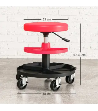 Taburete de Taller Giratorio con Ruedas Altura Ajustable de 40-51 cm y 2 Bandejas Carga 135 kg para Garaje Rojo