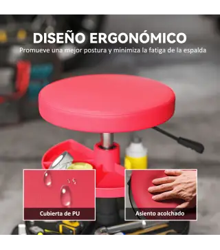 Taburete de Taller Giratorio con Ruedas Altura Ajustable de 40-51 cm y 2 Bandejas Carga 135 kg para Garaje Rojo