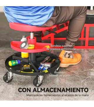 Taburete de Taller Giratorio con Ruedas Altura Ajustable de 40-51 cm y 2 Bandejas Carga 135 kg para Garaje Rojo