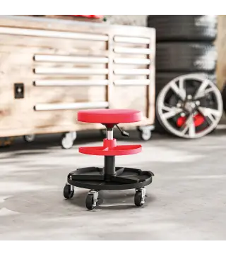 Taburete de Taller Giratorio con Ruedas Altura Ajustable de 40-51 cm y 2 Bandejas Carga 135 kg para Garaje Rojo