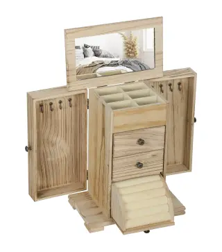 Joyero de Madera de 4 Niveles Joyero Mujer Organizador con 2 Cajones Espejo para Pendientes Anillos Collares Natural