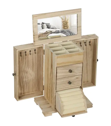 Joyero de Madera de 4 Niveles Joyero Mujer Organizador con 2 Cajones Espejo para Pendientes Anillos Collares Natural