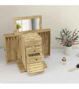 Joyero de Madera de 4 Niveles Joyero Mujer Organizador con 2 Cajones Espejo para Pendientes Anillos Collares Natural