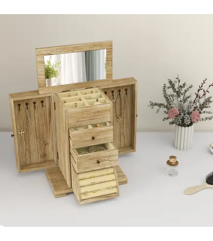 Joyero de Madera de 4 Niveles Joyero Mujer Organizador con 2 Cajones Espejo para Pendientes Anillos Collares Natural