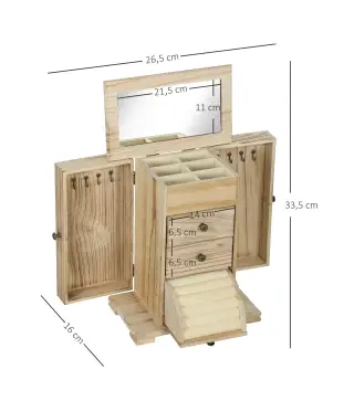 Joyero de Madera de 4 Niveles Joyero Mujer Organizador con 2 Cajones Espejo para Pendientes Anillos Collares Natural