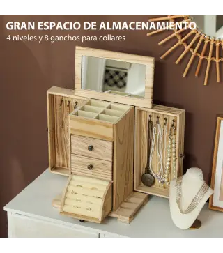 Joyero de Madera de 4 Niveles Joyero Mujer Organizador con 2 Cajones Espejo para Pendientes Anillos Collares Natural