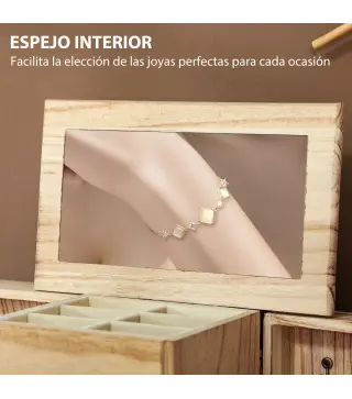 Joyero de Madera de 4 Niveles Joyero Mujer Organizador con 2 Cajones Espejo para Pendientes Anillos Collares Natural
