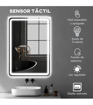 Espejo de Baño con Luces LED 70x100 cm 3 Colores de Luz Brillo Regulable Función Antivaho Función de Memoria IP44