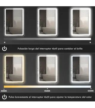 Espejo de Baño con Luces LED 70x100 cm 3 Colores de Luz Brillo Regulable Función Antivaho Función de Memoria IP44