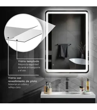 Espejo de Baño con Luces LED 70x100 cm 3 Colores de Luz Brillo Regulable Función Antivaho Función de Memoria IP44