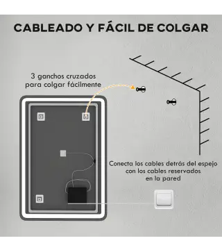 Espejo de Baño con Luces LED 70x100 cm 3 Colores de Luz Brillo Regulable Función Antivaho Función de Memoria IP44