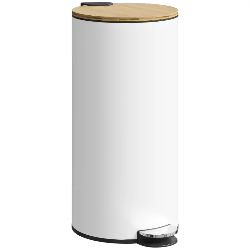 Cubo de Basura Cocina 30L con Pedal Tapa de Bambú de Cierre Suave y Cubo Extraíble para Dormitorio Oficina Salón Blanco