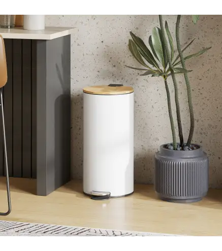 Cubo de Basura Cocina 30L con Pedal Tapa de Bambú de Cierre Suave y Cubo Extraíble para Dormitorio Oficina Salón Blanco