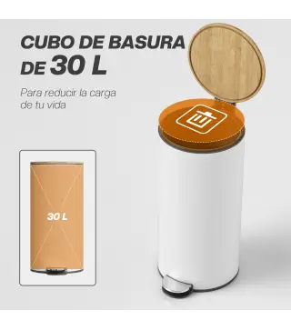 Cubo de Basura Cocina 30L con Pedal Tapa de Bambú de Cierre Suave y Cubo Extraíble para Dormitorio Oficina Salón Blanco
