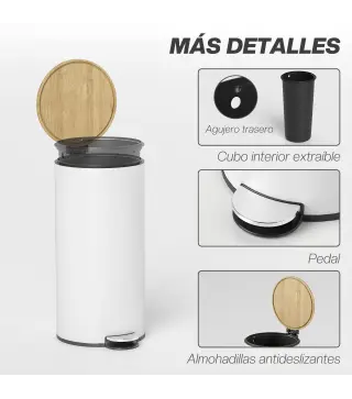 Cubo de Basura Cocina 30L con Pedal Tapa de Bambú de Cierre Suave y Cubo Extraíble para Dormitorio Oficina Salón Blanco