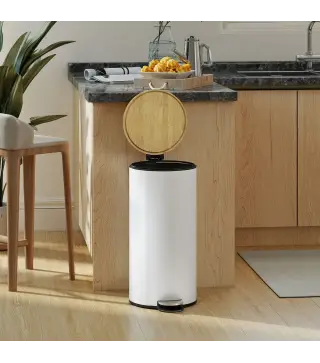 Cubo de Basura Cocina 30L con Pedal Tapa de Bambú de Cierre Suave y Cubo Extraíble para Dormitorio Oficina Salón Blanco