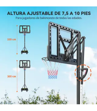 Canasta de Baloncesto para Exterior Ajustable de 235-305 cm con Tablero Irrompible 110 cm Saco de peso y Ruedas Negro