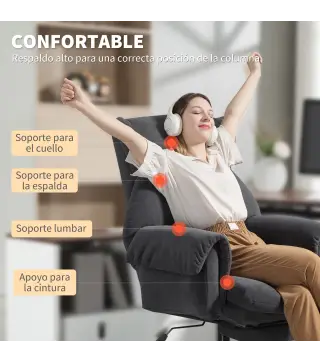 Silla de Escritorio con Reposapiés Respaldo Reclinable y Alto Asiento y Reposabrazos Anchos Acolchado Grueso Gris Oscuro