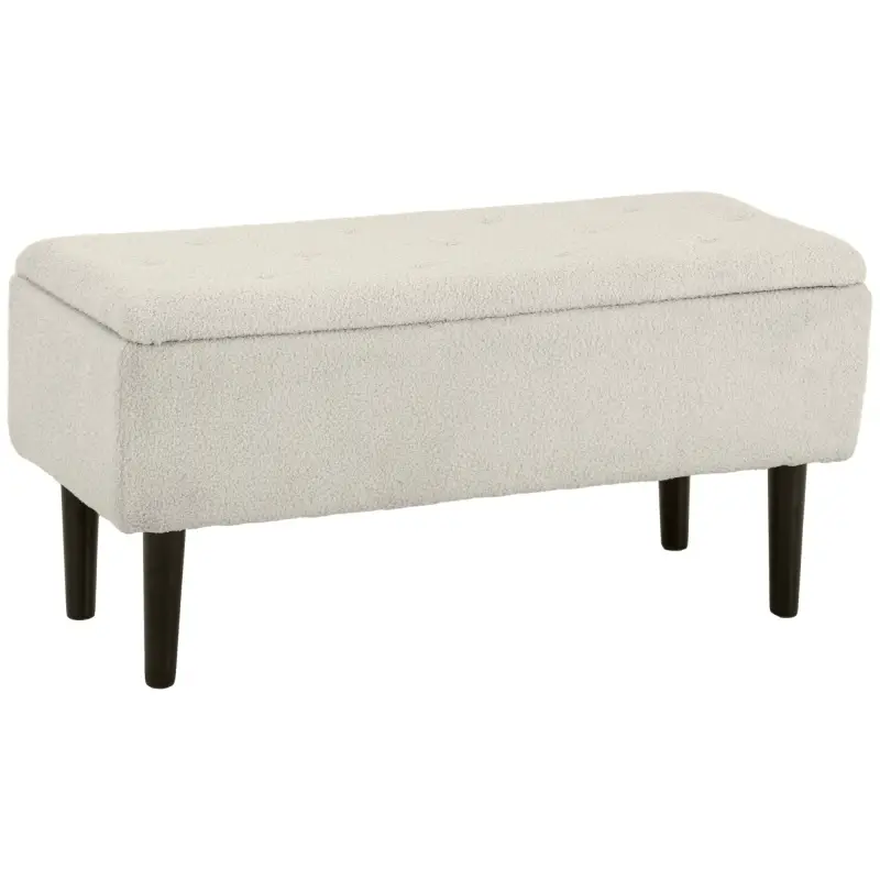 Banco de Pie de Cama Baúl de Almacenaje para Dormitorio con Tapa Abatible y Patas de Madera 95x38x45 cm Crema