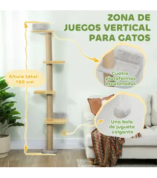 Árbol para Gatos de Pared de 5 Niveles Rascador para Gatos Estrecho con Bola y Rascadores 48x21x180 cm Gris Claro