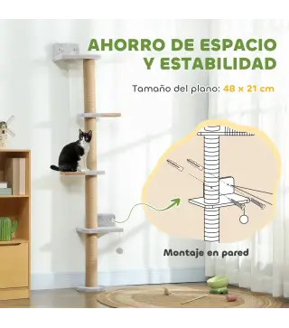 Árbol para Gatos de Pared de 5 Niveles Rascador para Gatos Estrecho con Bola y Rascadores 48x21x180 cm Gris Claro