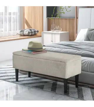 Banco de Pie de Cama Baúl de Almacenaje para Dormitorio con Tapa Abatible y Patas de Madera 95x38x45 cm Crema