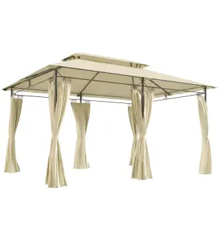Cenador de Jardín de 4x3 m con Doble Techo Paredes Laterales Resistente al Agua para Exterior Terraza Beige